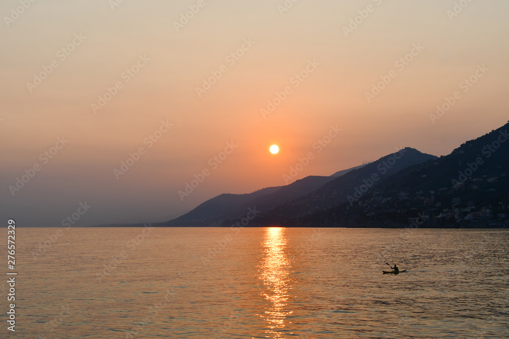 Panorama on the mediterranean coast of Liguria during the sunset