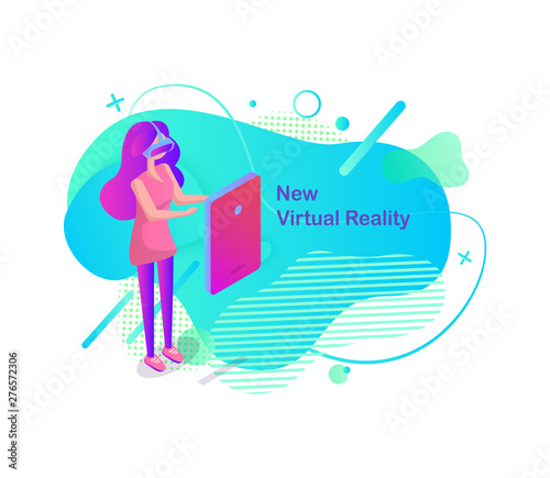 Augmented reality vector, person wearing special vr glasses to see new virtual shapes, gadget with abilities and opportunities for users, banner flat style