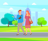 Young man and woman walking in city park holding hands. Vector couple on walk outdoors, summer nature and green grass, trees and blue sky. Summer activities
