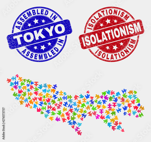 Module Tokyo Prefecture map and blue Assembled seal stamp, and Isolationism grunge seal stamp. Bright vector Tokyo Prefecture map mosaic of plugin items. Red round Isolationism rubber.