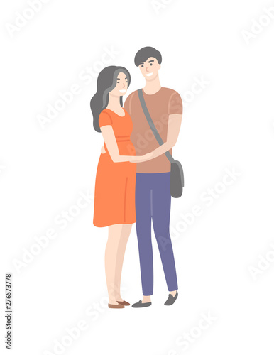 Cartoon students in love, male and female isolated characters flat style. Vector guy with bag over shoulder and brunette girl in red dress, teenage people
