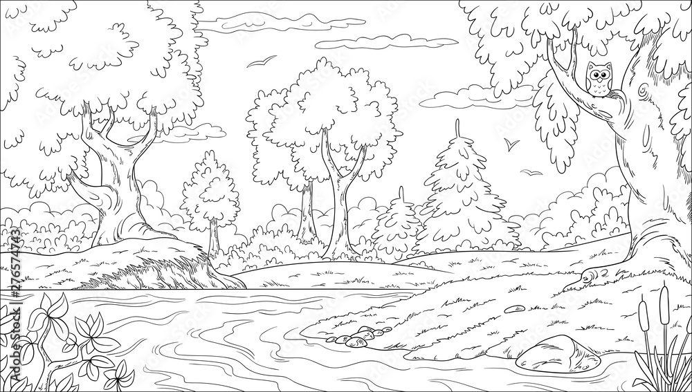 Распечатать раскраски для детей бесплатно пейзаж Coloring book landscape. Hand draw vector illustration with separate layers. Sto