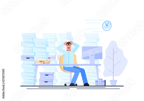 Tired and exasperated office worker is grabbed his head among piles of papers and documents. Stress in the office. Modern vector illustration. - Vector