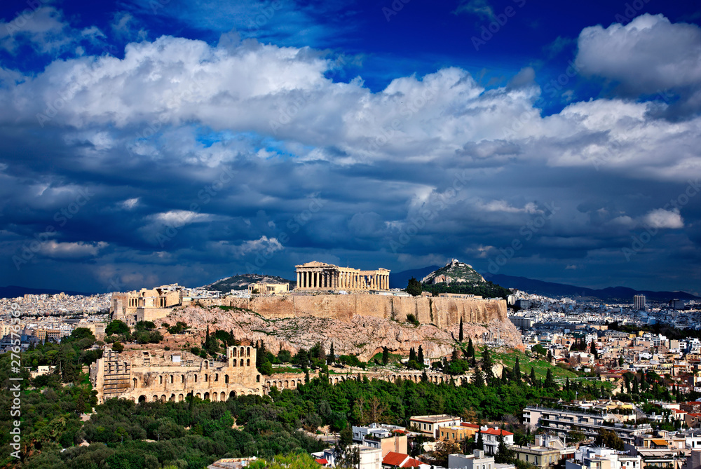 Obraz premium View ot the Acropolis of Athens from Philopappos or Filopappou hill. You can see the Parthenon and under the Acropolis left the Odeon of Herodes Atticus.
