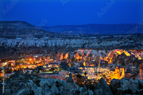 Night view of Goreme town in the heart of Cappadocia. Nevsehir, Anatolia, Turkey 