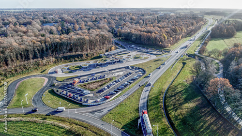 carpool place and traffic roads viewed from above. A dutch landscape