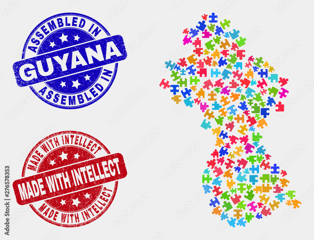 Bundle Guyana map and blue Assembled seal stamp, and Made with Intellect grunge seal. Colorful vector Guyana map mosaic of plugin elements. Red rounded Made with Intellect seal.