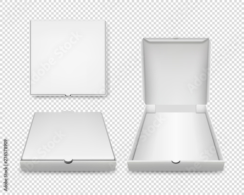 Vector 3d Realistic Blank White Closed and Opened Pizza Box Template Set Closeup Isolated on Transparent Background. Mockup for Logo, Corporate Design. Top, Front View