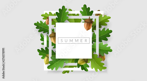 Geometric minimal square frame with green oak leaf and acorn. Vector illustration for nature design, summer frame template or other fresh eco background
