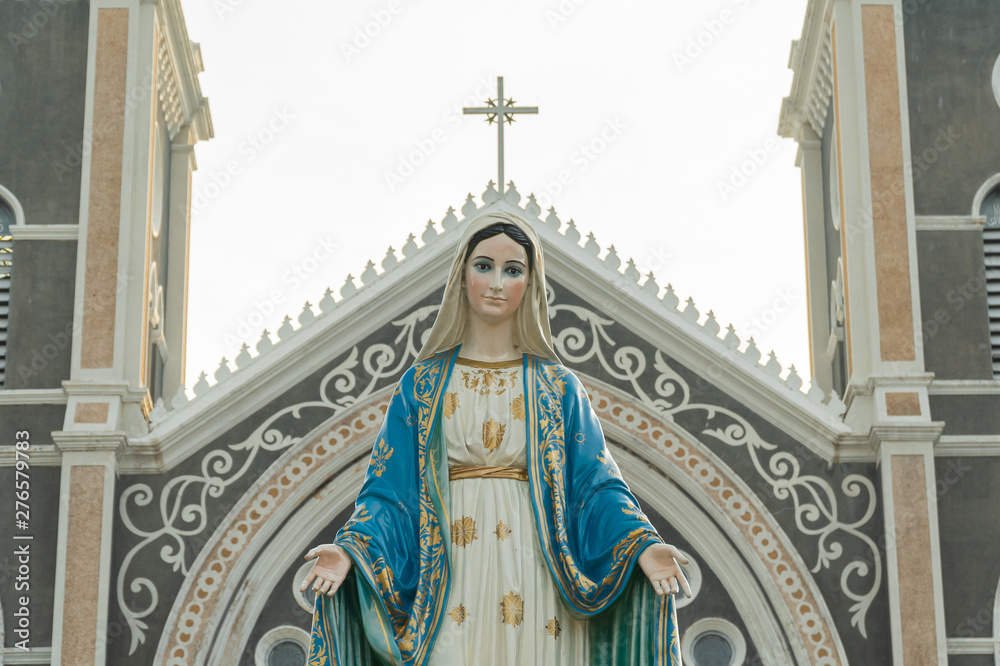 Obraz premium Our lady, The Blessed Virgin Mary with the cathedral behind.