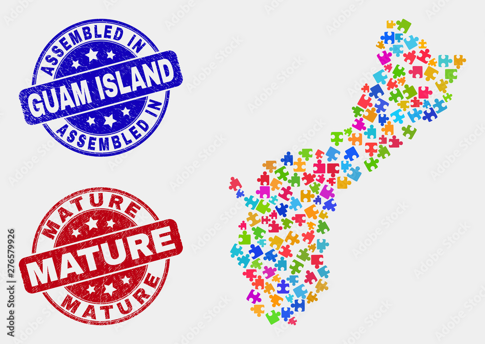 Module Guam Island map and blue Assembled seal stamp, and Mature textured seal stamp. Colorful vector Guam Island map mosaic of puzzle. Red rounded Mature seal. Module Guam Island map and blue Assembled seal stamp, and Mature textured seal stamp. Colorful vector Guam Island map mosaic of puzzle. Red rounded Mature seal.