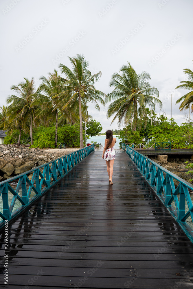 Fototapeta Młoda dziewczyna w sukience na drewnianym moście. Wyspa jest pochmurna