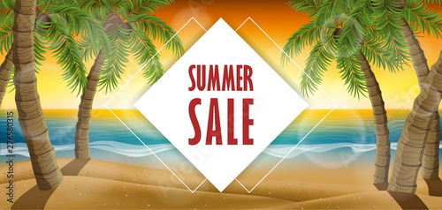 Summer horizontal banner with sunset, palm tree on beach for summer sale. Vector illustration for vacation, sale offer or other tropical background design or template