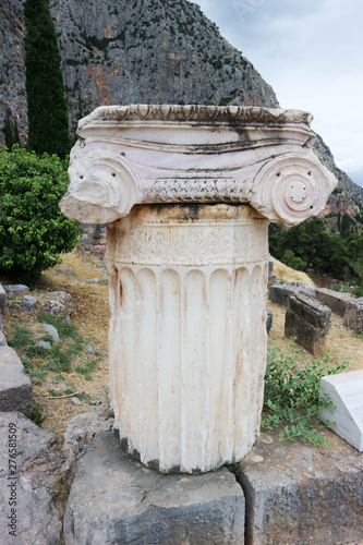 Ancient greek marble column closeup in Delphi, Greece