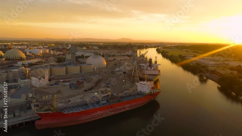 Aerial View of San Joaquin River and Bulk Cargo Port Terminal Stockton California Afternoon Sun Set Bulk Cargo Terminal photo