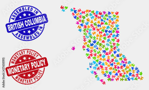 Constructor British Columbia map and blue Assembled seal stamp, and Monetary Policy grunge stamp. Colored vector British Columbia map mosaic of puzzle components. Red rounded Monetary Policy stamp.