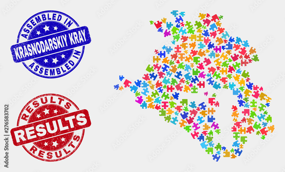 Puzzle Krasnodarskiy Kray map and blue Assembled seal stamp, and Results textured watermark. Colorful vector Krasnodarskiy Kray map mosaic of plug-in. Red rounded Results stamp.