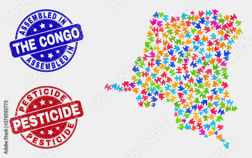 Constructor Democratic Republic of the Congo map and blue Assembled seal stamp, and Pesticide scratched seal stamp. Bright vector Democratic Republic of the Congo map mosaic of puzzle bricks.