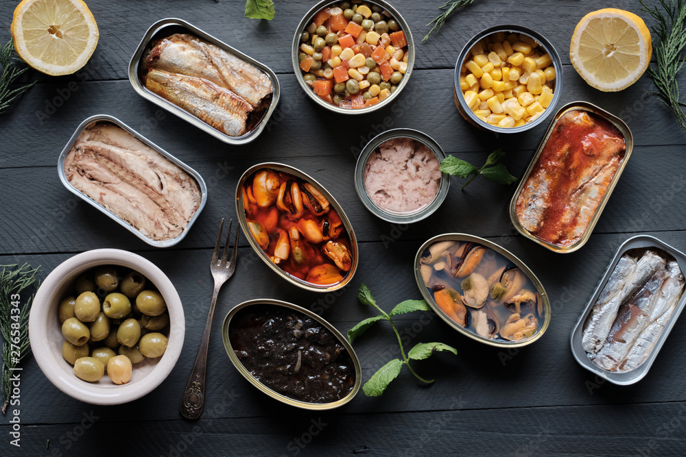 Variety of canned food