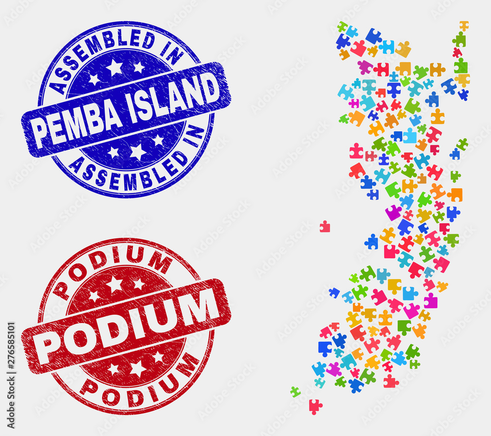 Bundle Pemba island map and blue Assembled stamp, and Podium scratched stamp. Bright vector Pemba island map mosaic of bundle connectors. Red round Podium seal.