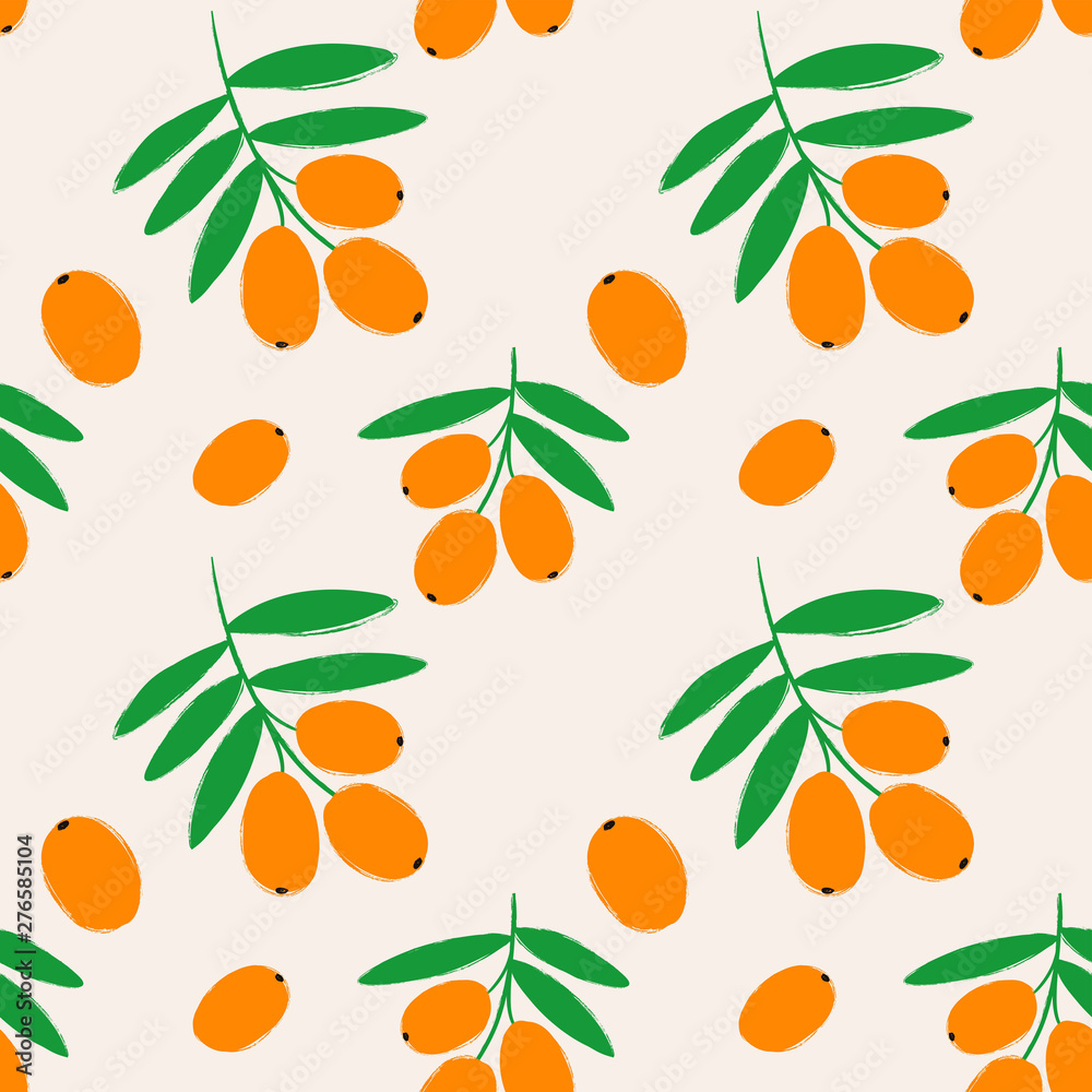 Seamless Pattern With Sea Buckthorn Berries. Seamless Pattern With Sea Buckthorn Berries.