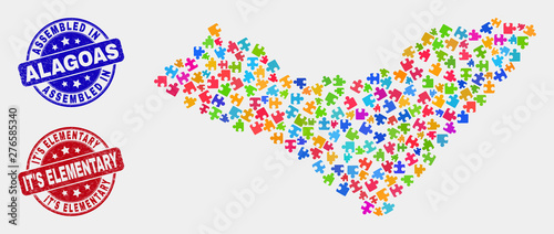 Bundle Alagoas State map and blue Assembled seal, and It'S Elementary distress seal stamp. Bright vector Alagoas State map mosaic of bundle elements. Red rounded It'S Elementary stamp.
