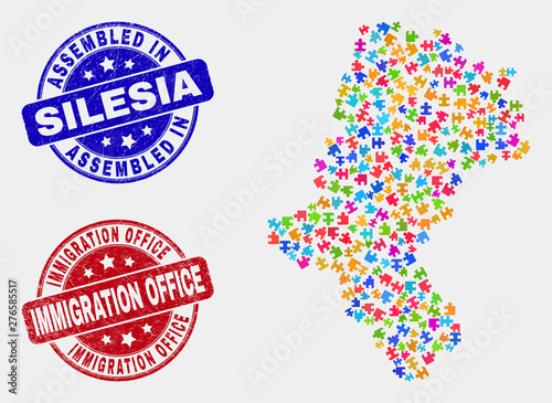 Element Silesian Voivodeship map and blue Assembled stamp, and Immigration Office scratched seal stamp. Colorful vector Silesian Voivodeship map mosaic of plug-in bricks.