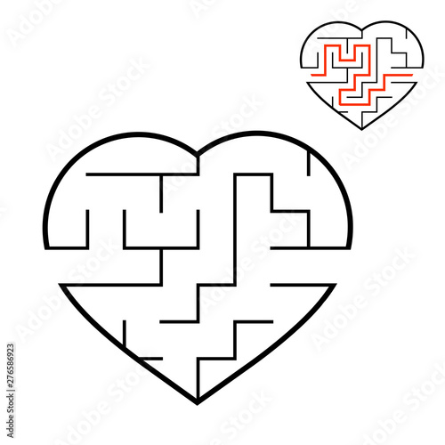 Black labyrinth heart. Game for kids. Puzzle for children. Maze conundrum. Valentine's Day. Flat vector illustration isolated on white background. With answer. photo