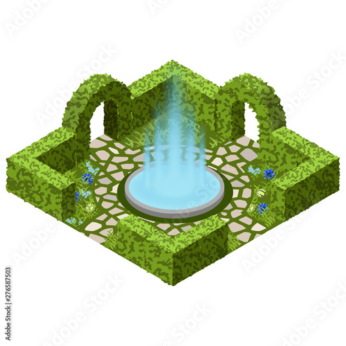 Garden landscape scene with topiary bushes, flowers and garden fountain