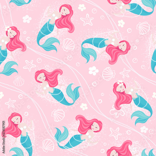 Pink pastel mermaid pattern for kids fashion artwork  children books  prints and fabrics or wallpapers. Fashion illustration drawing in modern style for clothes. Coral mermaid.
