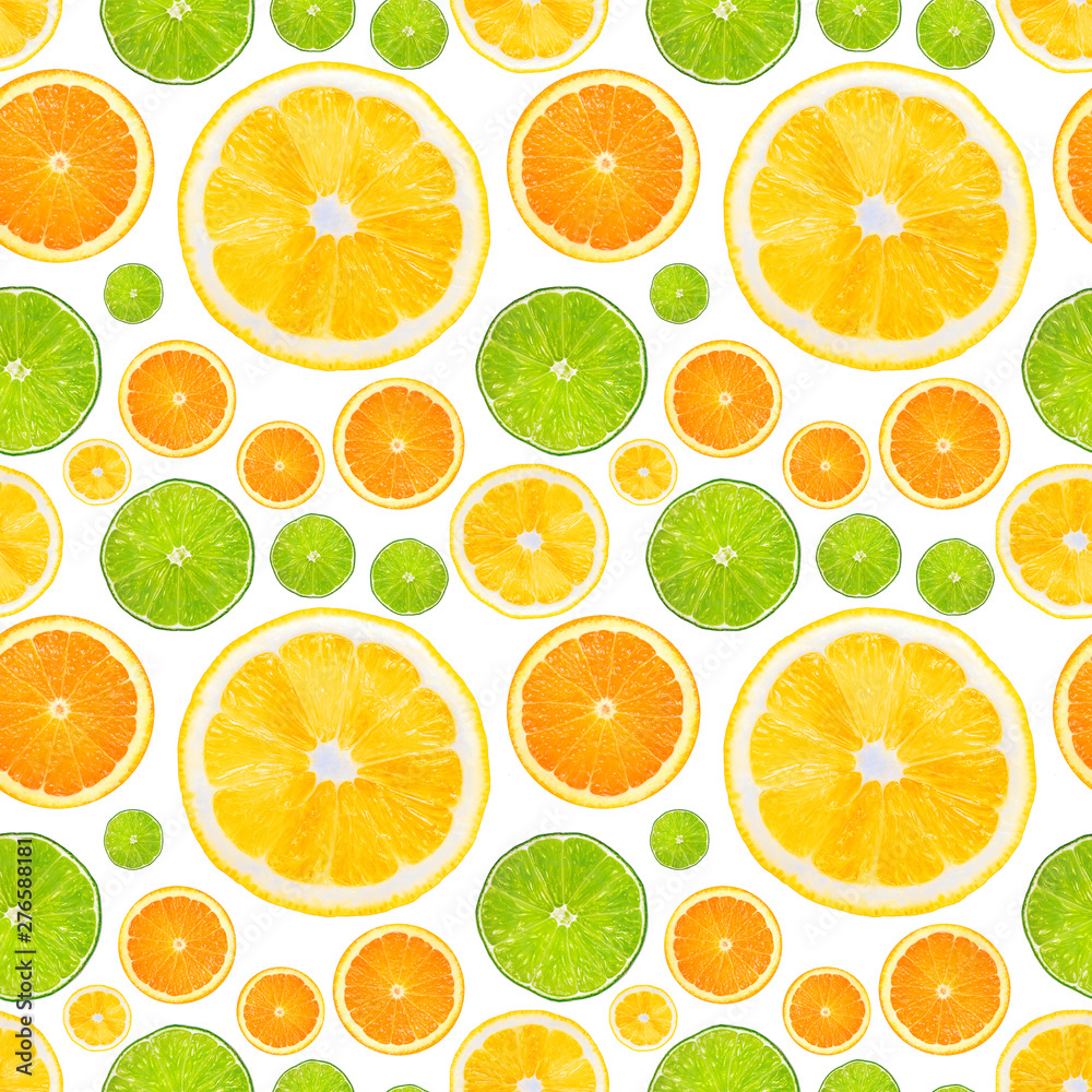 Lemon, lime, orange slices seamless pattern. Print design summer fruits.