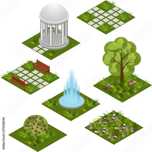 Garden isometric tile set. Isolated isometric tiles to design garden landscape scene