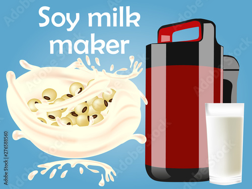 A machine, a glass of milk and a milk splash. Promotional poster. Healthy lifestyle, vegetarianism concept.