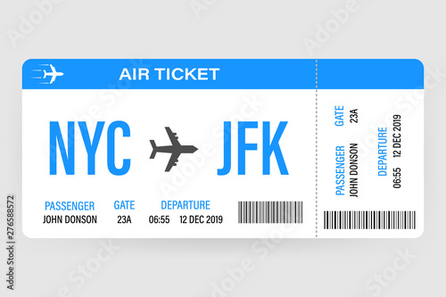 Modern and realistic airline ticket design with flight time and passenger name. vector illustration.