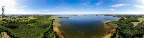 Nature in the summer. Forests, fields, meadows, lake, river and village. View from the sky. The photo was taken by a copter. Panorama. The concept is a favorable environment. Blue sky. Background.