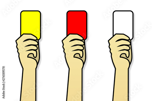 Illustration hand holding red card, yellow card and white cards isolated on white background. Football show card.Hand holding card with paths selection.