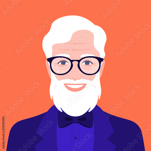 Portrait of an elegant elderly man. Avatar of a happy grandfather with a beard. Vector flat illustration