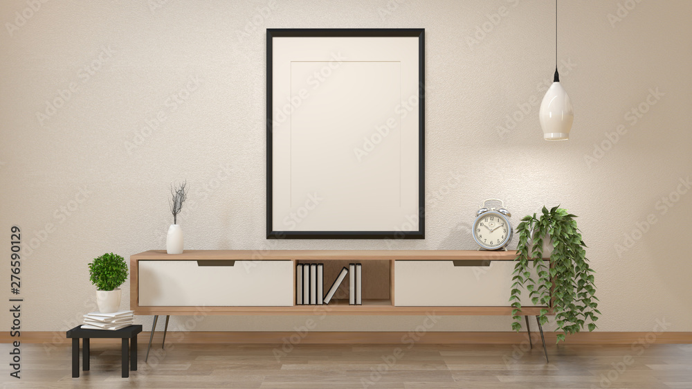 Modern zen interior of japanese living room with wooden cabinet and mock up poster 3d rendering