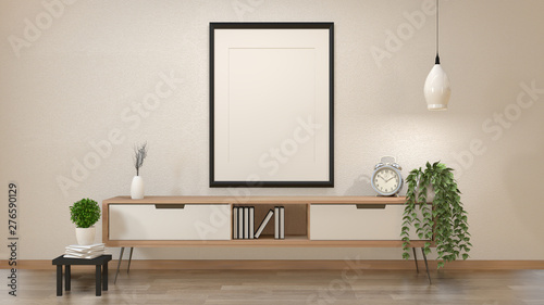 Modern zen interior of japanese living room with wooden cabinet and mock up poster 3d rendering