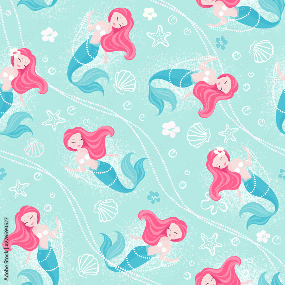 Pink pastel mermaid pattern for kids fashion artwork, children books, prints and fabrics or wallpapers. Fashion illustration drawing in modern style for clothes. Coral mermaid.