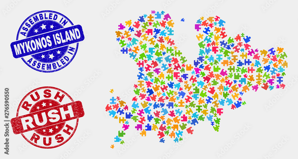 Bundle Mykonos Island map and blue Assembled seal stamp, and Rush distress stamp. Colorful vector Mykonos Island map mosaic of bundle parts. Red rounded Rush imprint. Bundle Mykonos Island map and blue Assembled seal stamp, and Rush distress stamp. Colorful vector Mykonos Island map mosaic of bundle parts. Red rounded Rush imprint.
