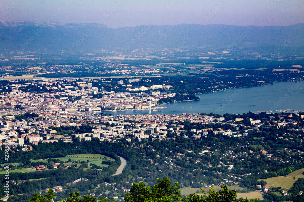 Panoramic view from mountain to the city and  the lake on the summer day.Geneva.Switzerland.