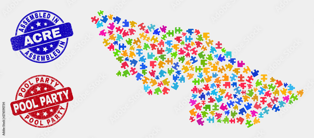 Component Acre State map and blue Assembled seal stamp, and Pool Party grunge seal stamp. Bright vector Acre State map mosaic of puzzle. Red rounded Pool Party seal. Component Acre State map and blue Assembled seal stamp, and Pool Party grunge seal stamp. Bright vector Acre State map mosaic of puzzle. Red rounded Pool Party seal.