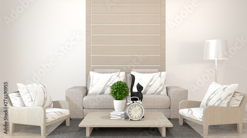 interior design zen living room with low table pillow frame lamp on wood floor.3D rendering