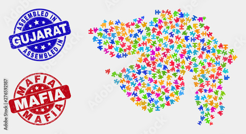 Constructor Gujarat State map and blue Assembled seal, and Mafia scratched seal stamp. Colorful vector Gujarat State map mosaic of plug-in items. Red round Mafia stamp.