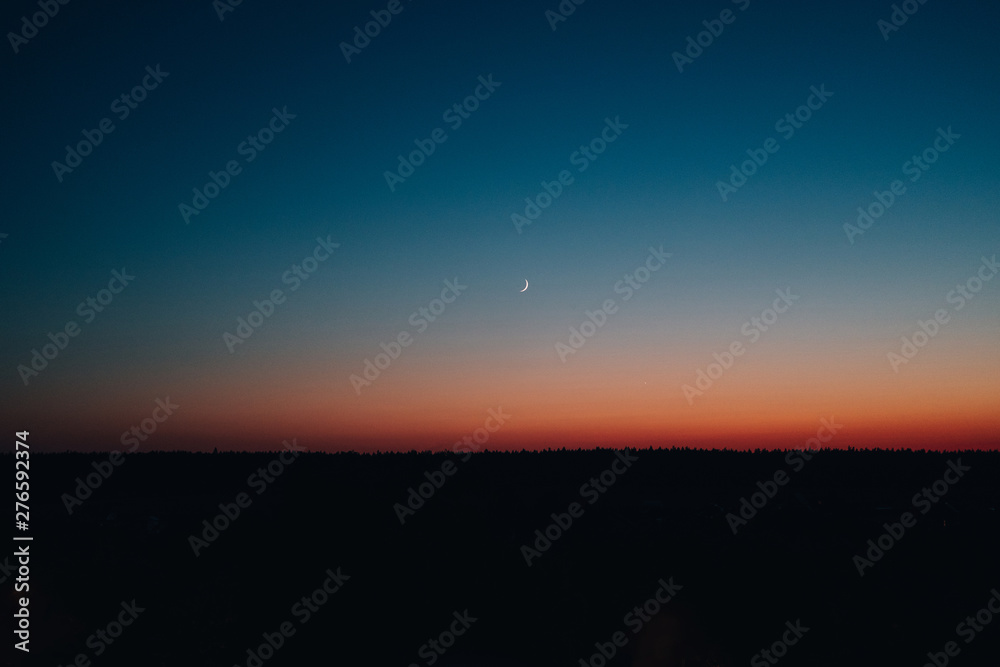 Late evening sky and landscape. Calm summer scenery night. Camping in wilderness. Sunset, sunrise in park. Scenic, picturesque view backdrop, background. Wild forest at nighttime