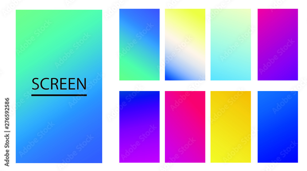 Naklejka premium Vector EPS 10 Gradient Set. Different colors. Modern Smartphone screen, mobile app Template. Design for Wallpaper, background, banner, flyer, Social media post.