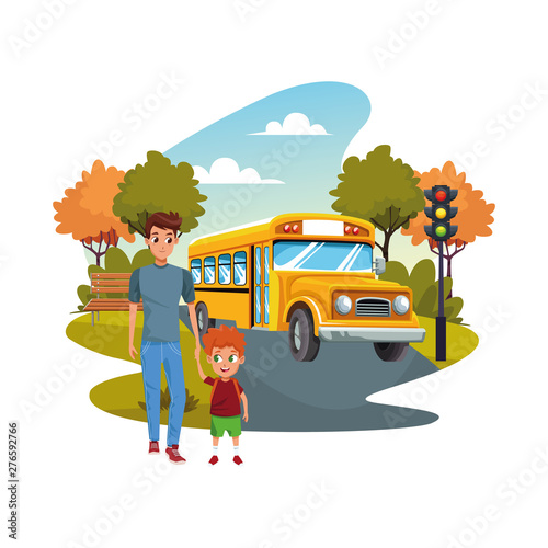 back to school with happiness and father son and school bus