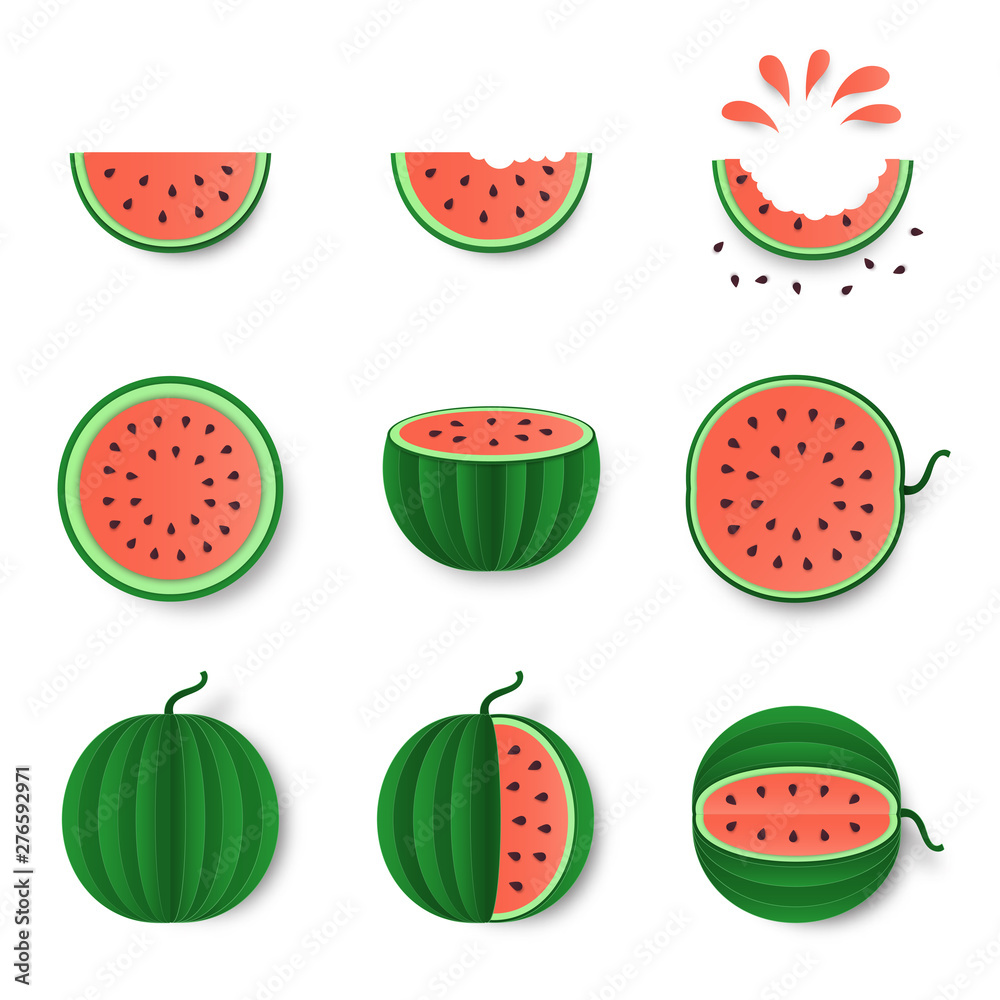 Watermelon whole, half and cut set isolated on white background. Healthy food trendy design . Fruit illustration for farm market menu.Paper cut style vector illustration