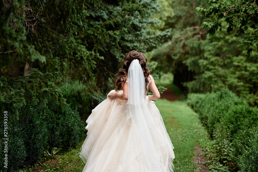 Portrait of beautiful bride in beige wedding dress with modern curly hairstyle running on garden, back view. Wedding concept Portrait of beautiful bride in beige wedding dress with modern curly hairstyle running on garden, back view. Wedding concept